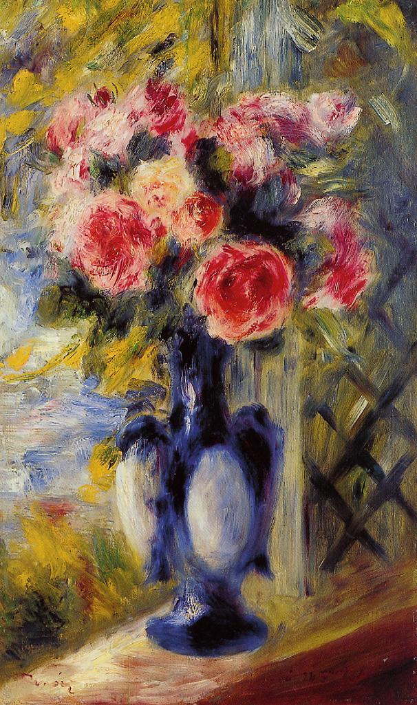 Bouquet of Roses in a Blue Vase - Pierre-Auguste Renoir painting on canvas